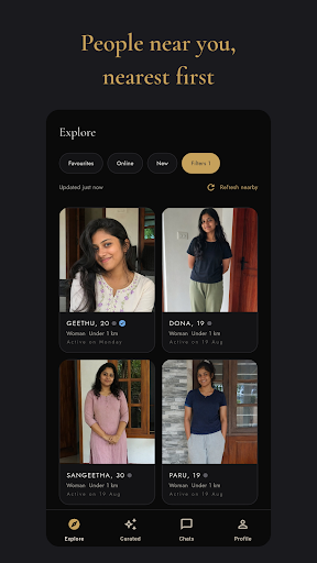 The Explore screen, showing people nearby ordered by distance
