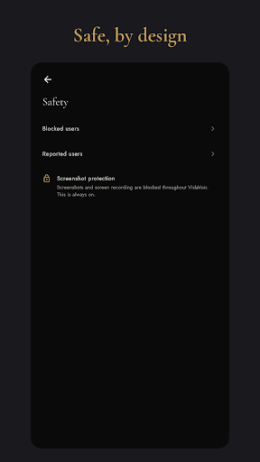 The Safety screen, showing blocked users and screenshot protection